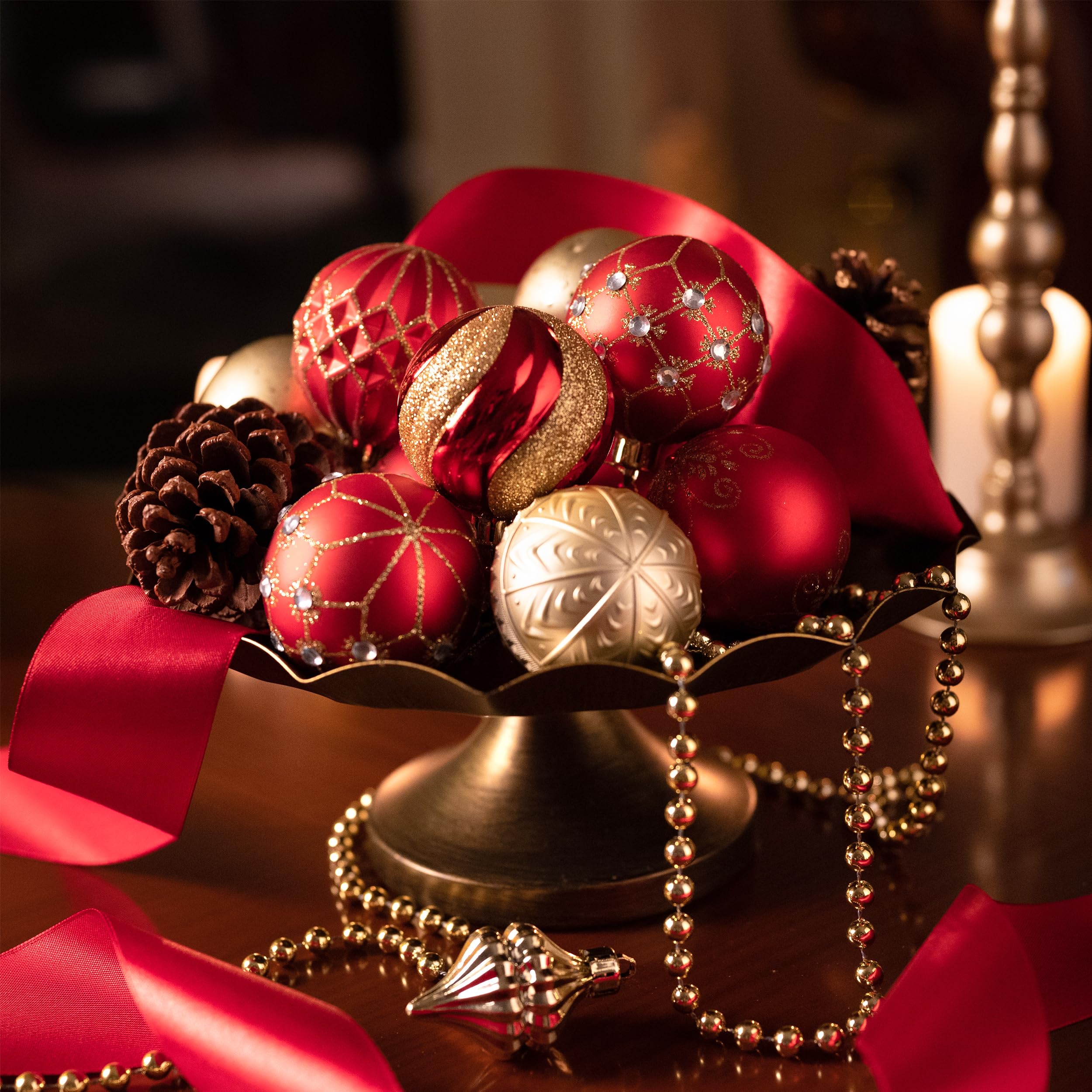 Valery Madelyn Boule de Noël de luxe incassable 30 carats 60 mm Or rouge Décoration à thème avec jupe de sapin (non incluse)