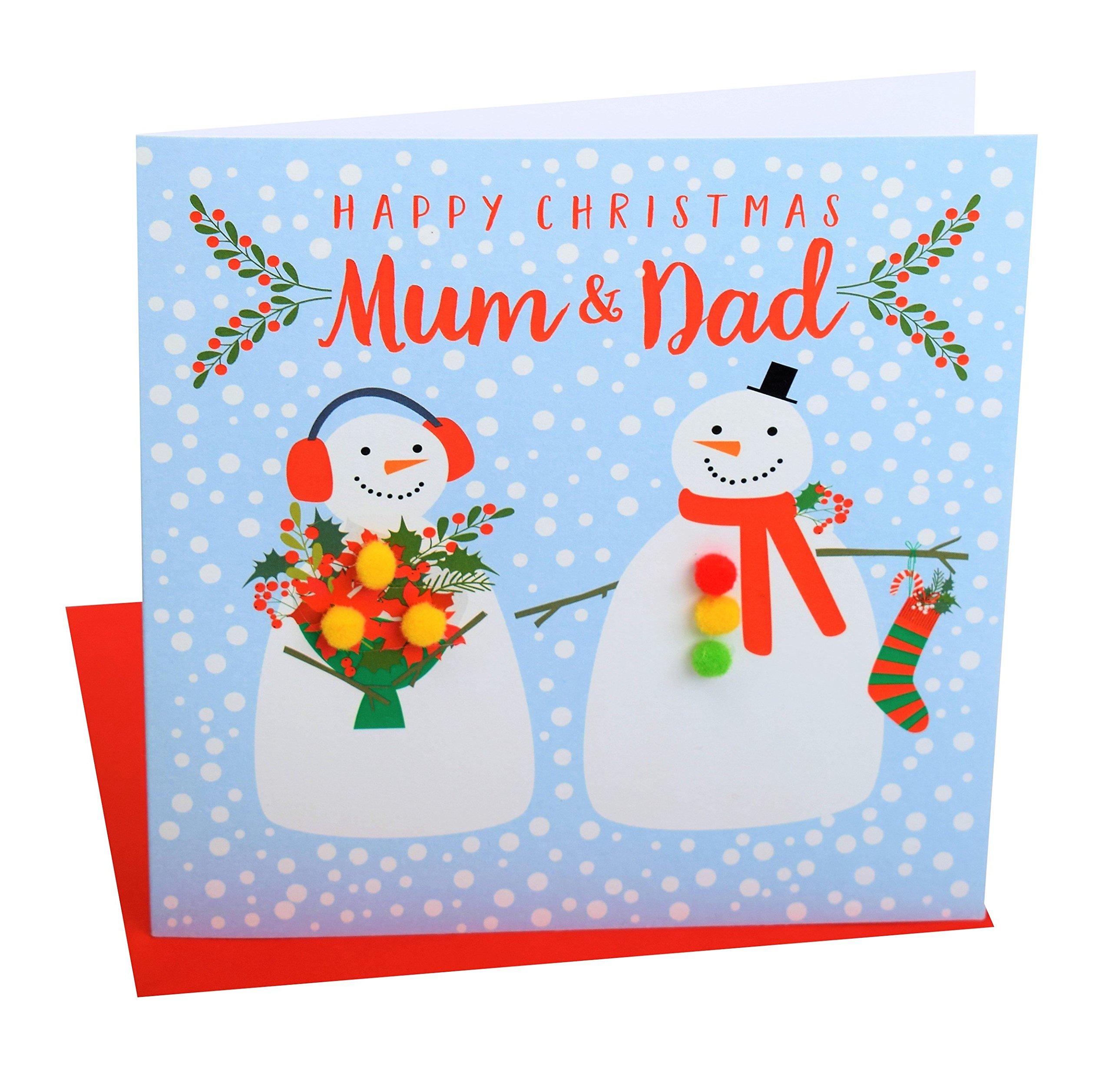 Claire Giles Greeting Cards, Happy Christmas Mum and Dad Card, Two Snowmen Design Xmas Greeting Card, Embellished with Colourful Pompoms