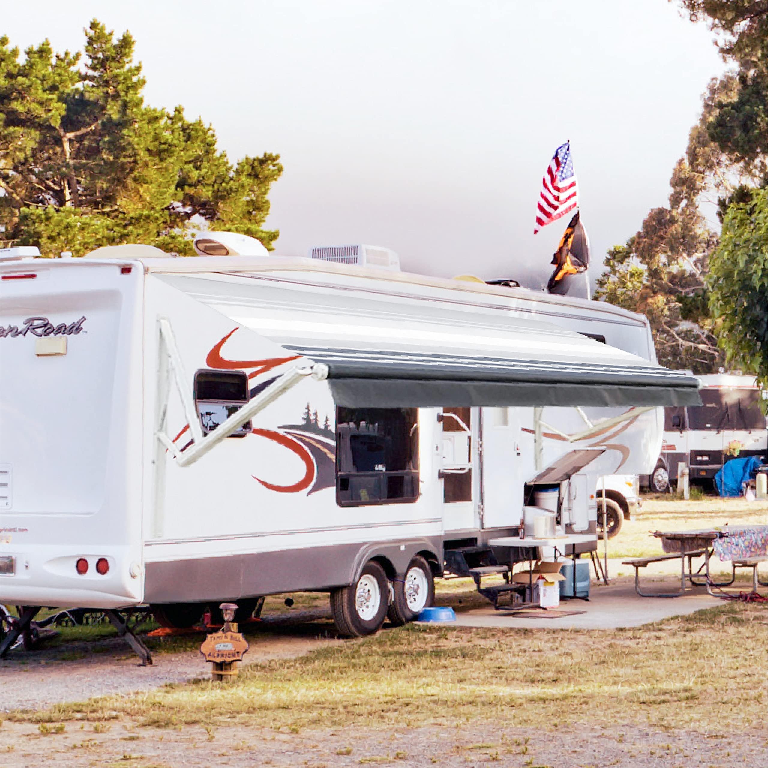 Awnlux White Motorized Modular Retractable RV Awning Full Set Assemblies for RV, 5th Wheel, Travel Trailers, Toy Haulers, and Motorhome - RV Trailer Awning for Home or Camper - 11x8 Ft - Black Strip