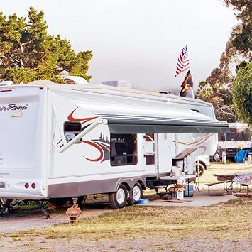Awnlux White Motorized Modular Retractable RV Awning Full Set Assemblies for RV, 5th Wheel, Travel Trailers, Toy Haulers, and Motorhome-RV Trailer Awning for Home RV Awning Kit-17x8 Feet-Black Strip