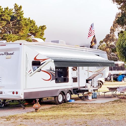 Awnlux White Motorized Modular Retractable RV Awning Full Set Assemblies for RV, 5th Wheel, Travel Trailers, Toy Haulers, and Motorhome - RV Trailer Awning for Home or Camper - 14x8 Ft - Black Strip