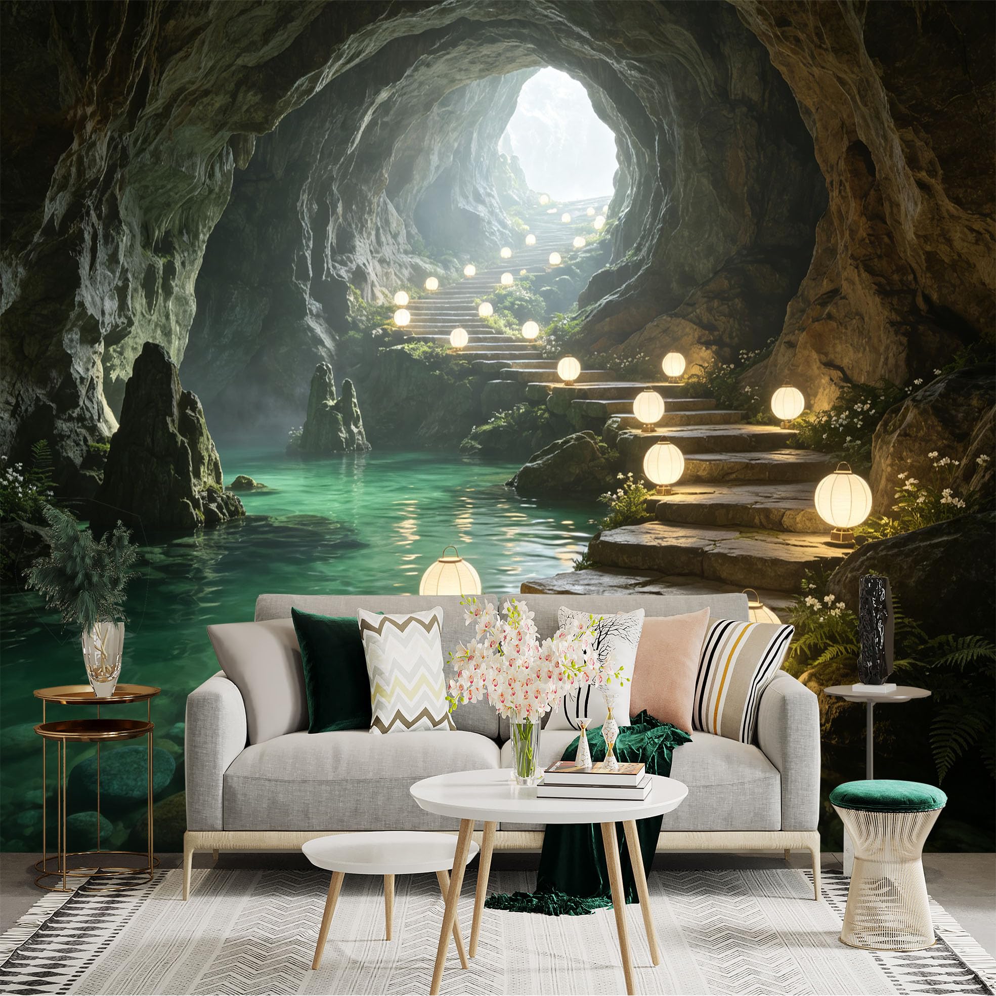 Custom Size Wall Sticker Mural， Mysterious Cave with Glowing Lanterns， Underground River and Stone Pathway， for wall Decoration， peelandstick wall Decals.