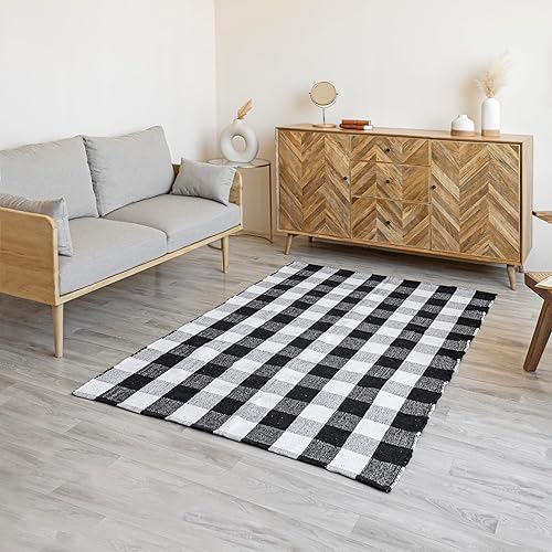 Miniatura 4 de HOMEMONDE Alfombra a cuadros blancos y negros de 3 x 5 pies, alfombra de algodón a cuadros  Tapete reversible lavable a mano  Porche delantero de