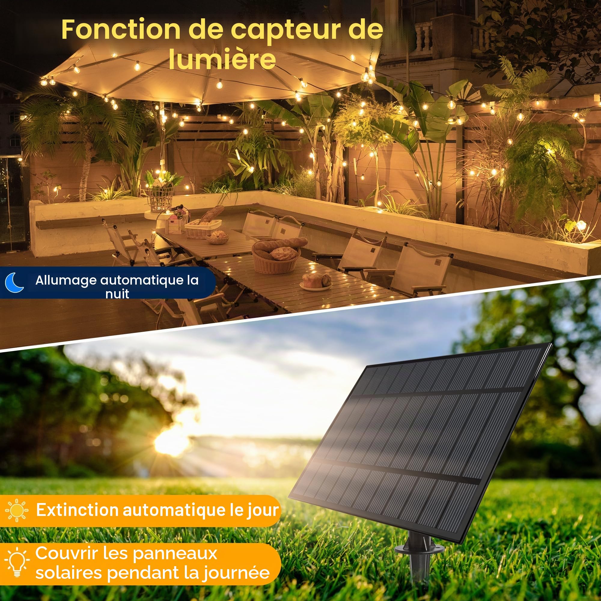 Guirlande lumineuse solaire d'extérieur 20 m avec 30 + 2 ampoules LED, éclairage solaire G40 avec télécommande, 3 modes d'éclairage et fonction minuterie, étanche IP65, pour jardin, balcon, décoration