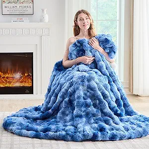 Lotus Karen Faux Fur Throw Blanket Tie-Dye Blue - Big Bubble Rabbit Fluff Blanket for Couch, Large Fluffy Fuzzy Cozy Blanket,Thick Furry Plush Shaggy Blankets,90x90 Inches