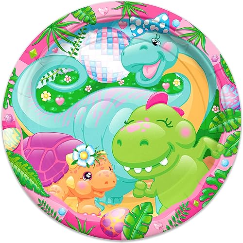 Treasures Gifted Platos de dinosaurio para niñas, 8 unidades a 9 pulgadas, platos de fiesta de dinosaurios pequeños, decoraciones de fiesta de