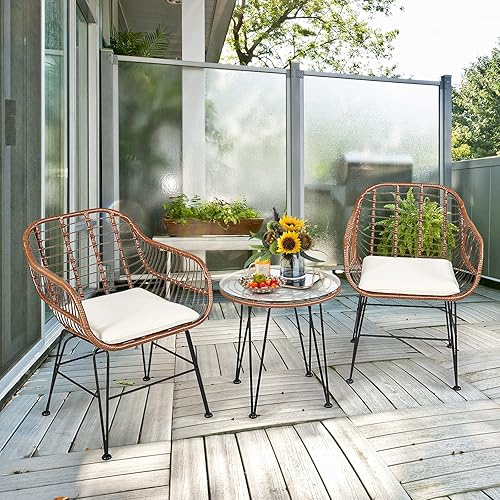 Miniatura 101 de Tangkula 3 Pieces Patio Bistro Set, Rattan Conversation Set with 2 Cushioned Armchairs & Round Glass Coffee Table, Indoor Outdoor Wicker Furniture