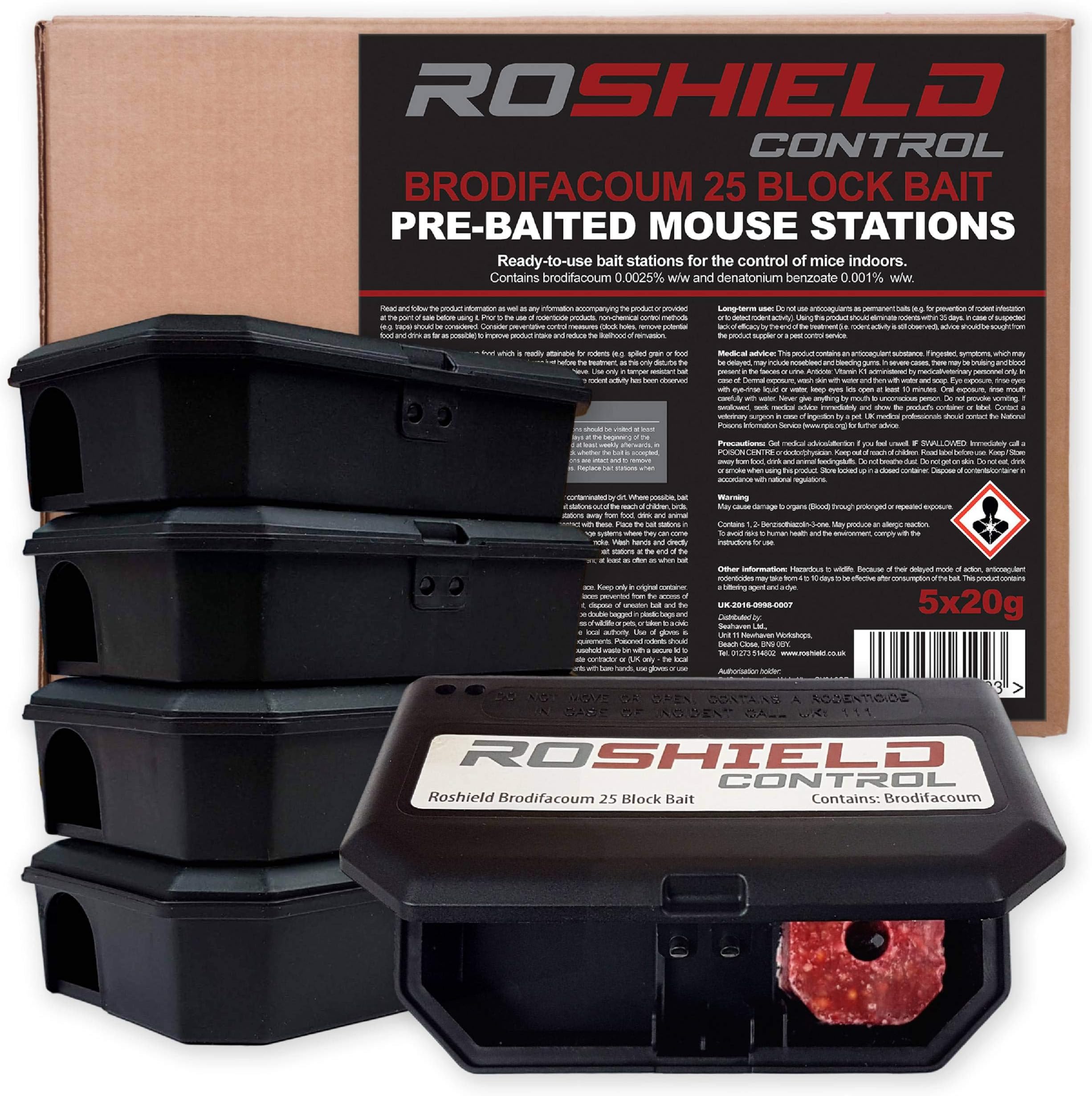 5 PRE-BAITED Mouse Poisoning Bait Box Kit | Single Feed Mice Killer | Mouse Traps for indoor/Outdoor Fast & Safe Infestation Control | READY -TO USE, Brodifacoum Mice killer, UK Made