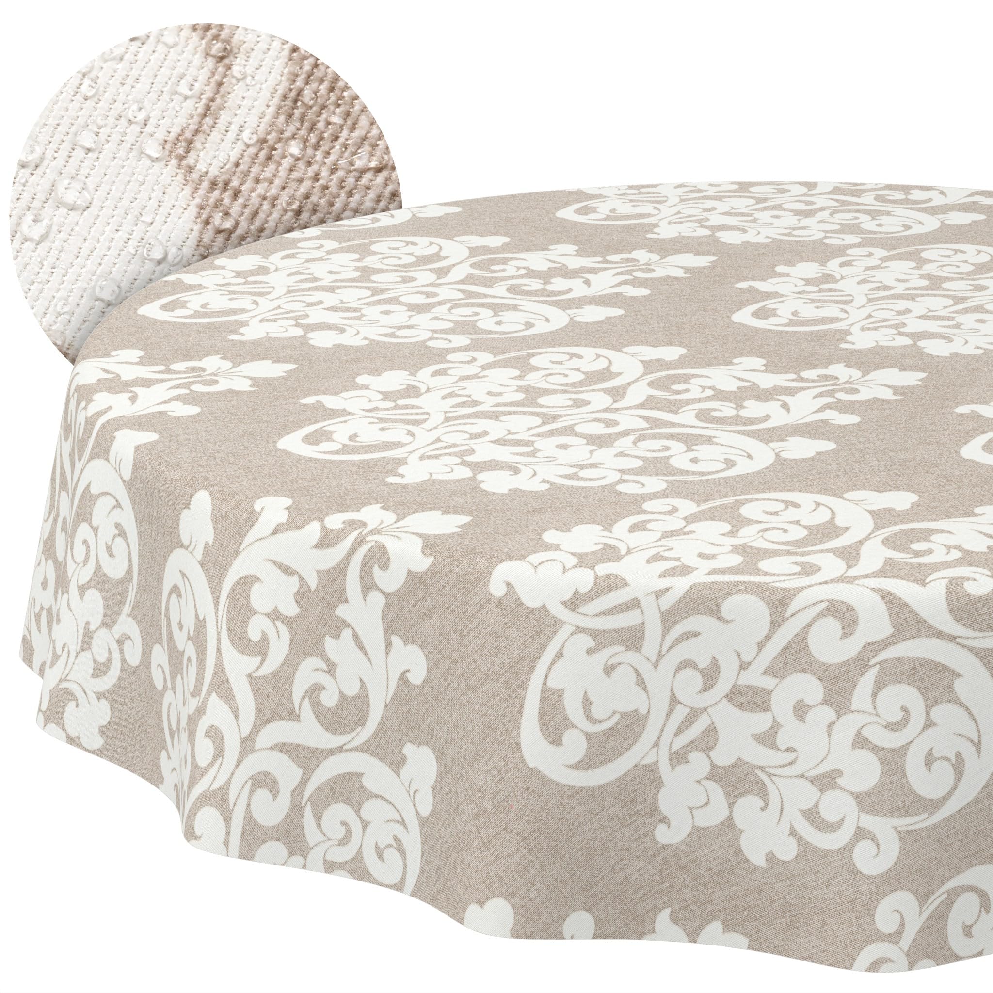 ANRO Washable Damask Tablecloth Round 140 cm - Water Resistant Indoor Outdoor Lotus Effect Cut Edge