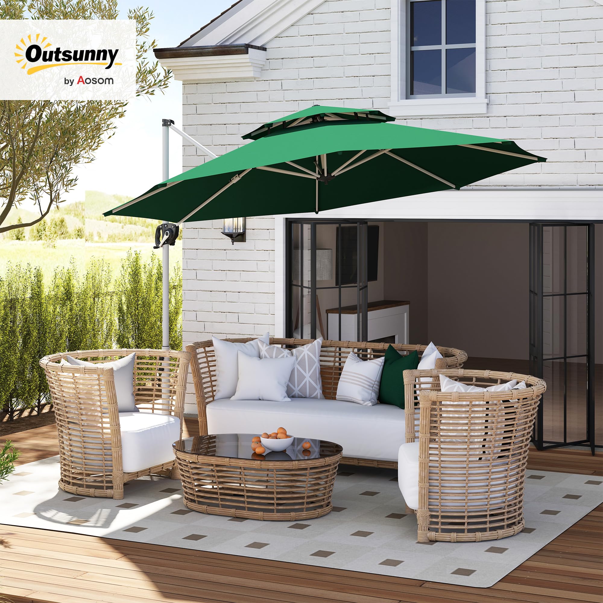 Outsunny Sombrilla de Jardín Ø292 cm Parasol Excéntrico con Manivela Giratorio 360° Inclinación Ajustable Doble Techo y Base Cruzada Sombrilla para Terraza Exterior Patio