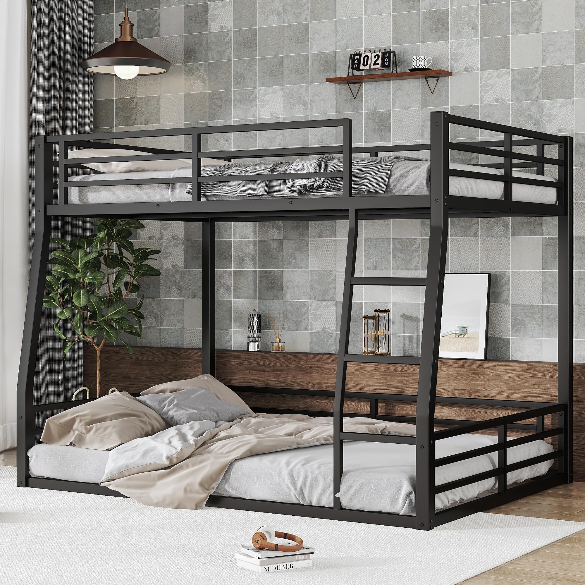 Photo 1 of ** SELLING FOR PARTS AS PARTIAL SET. ONE BOX OF 2** Full XL Over Queen Bunk Bed Frame with Noise Reduced Design, Heavy Buty Metal Floor Bunk Bed Full XL Over Queen Bunk Beds with Ladder for Adults, Teens