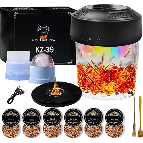 Rechargeable Cocktail Smoker Kit with Wood Chips, Electric Whiskey Smoker with Built-in Lighter, Old Fashioned Drink Smoker (Electric + Lighting Feature)