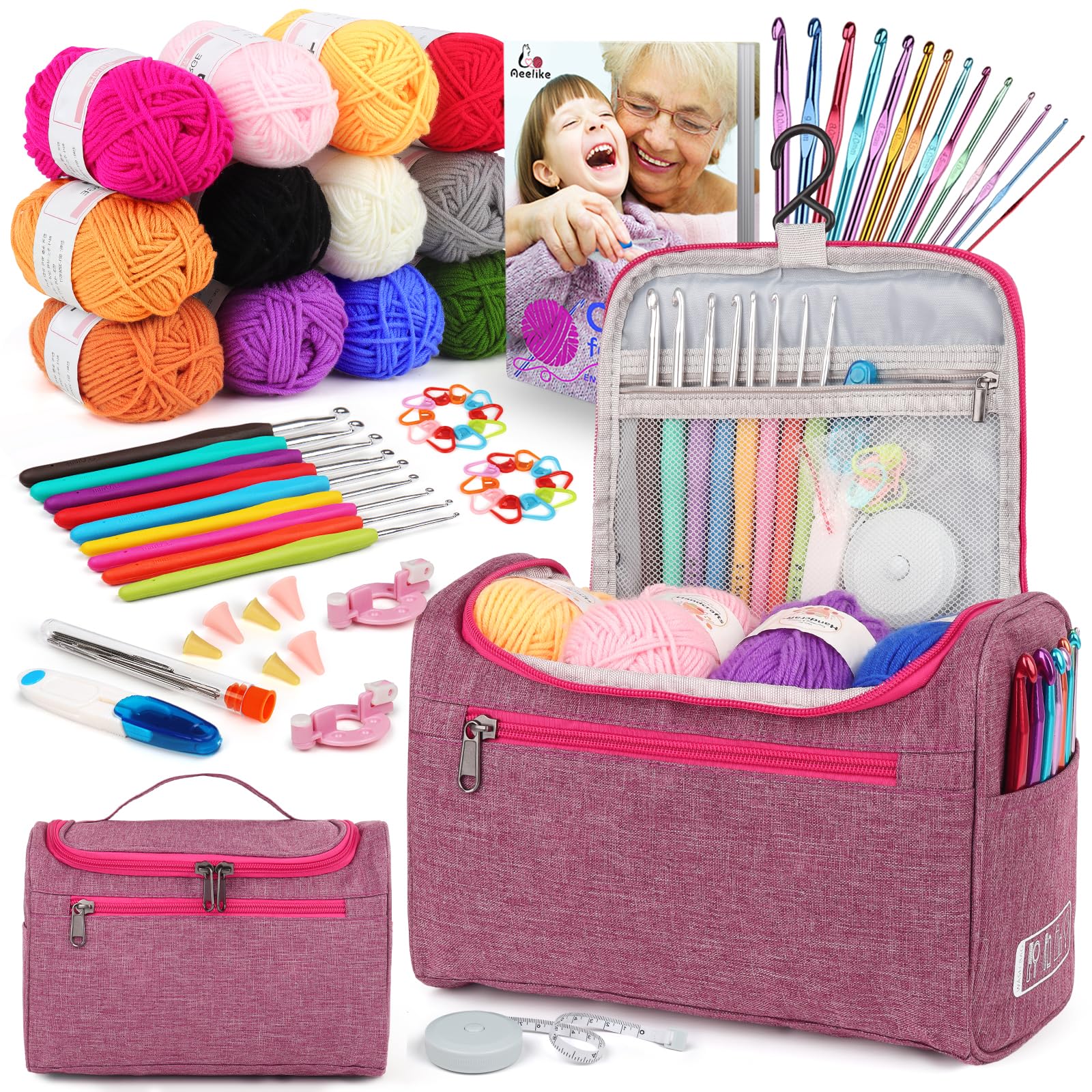Aeelike Crochet Kit, Crochet Kits for Beginners Adults with Instruction 12Pcs x 25g Yarn Crochet Hooks and Accessories, Crochet Starter Kit for Adults Learn to Crochet for Beginners - Purple Pink