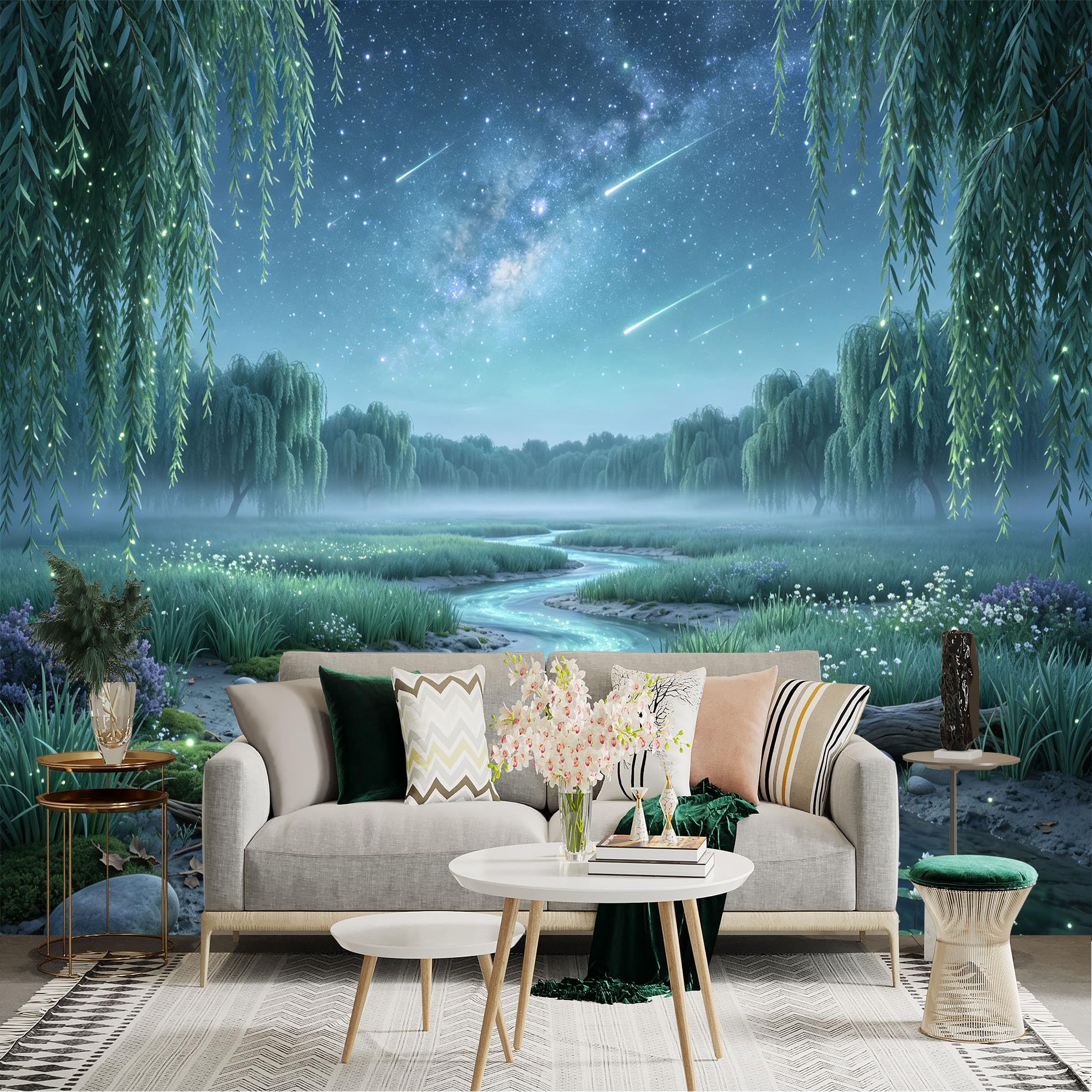 Lnzczhyre Bh260719186 Custom Size Wall Sticker Mural， Enchanted Stream In Night Forest， Glowing Willow Trees And Shooting Stars， For Wall Decoration， Peelandstick Wall Decals.