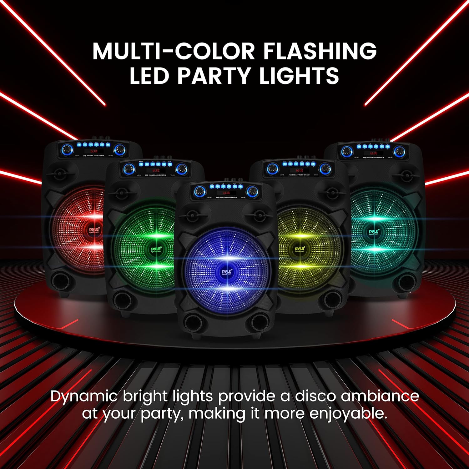 Pyle Portable Bluetooth PA Speaker System - 800W 12” Outdoor Bluetooth Speaker Portable PA System - Party Lights, USB SD Card Reader, FM Radio, Rolling Wheels - Wired microphone, Remote - PPHP127B - Image 4