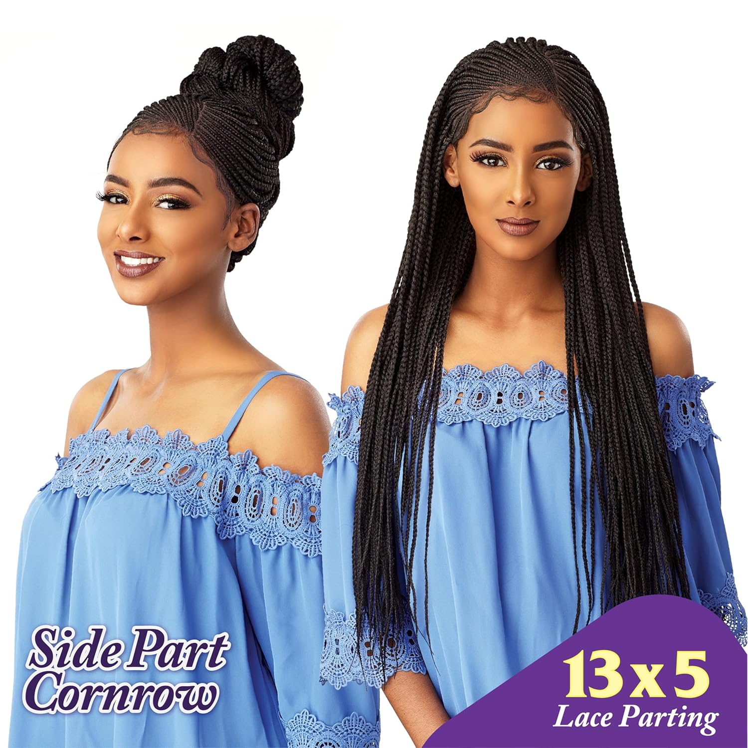 Sensationnel Cloud9 13X5 Braided Wig - Side Part Cornrow Hand Tied Swiss Lace Braided Wig With Large Parting Area (1B OFFBLACK)