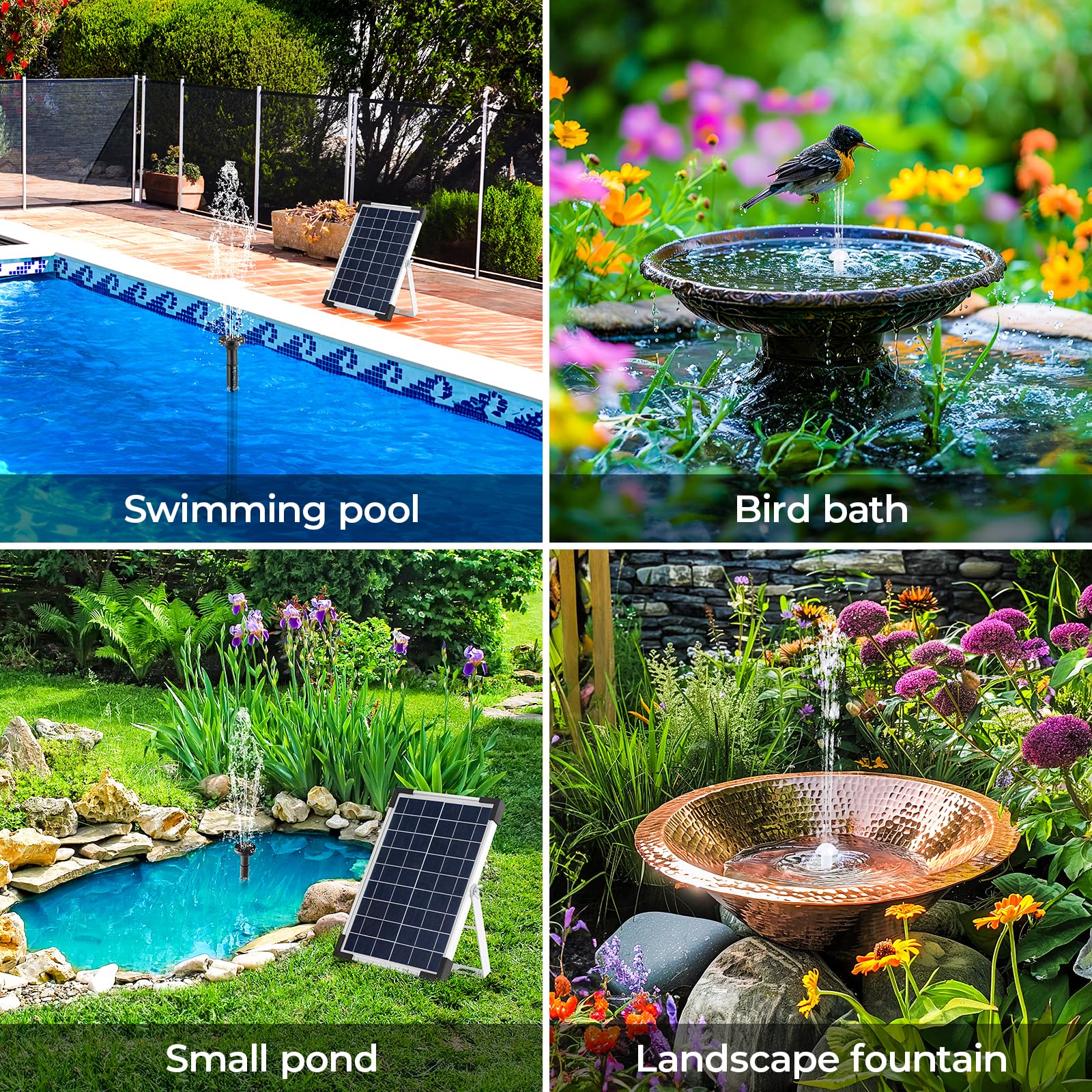 Solar Teichpumpe 5W, 170L/h Solar Springbrunnen, Solar Brunnenpumpen mit 1M Wasserleitung DIY, 9 Düsen, 3,25M Kabellänge, Solar Wasserpumpe, für Garten Teich Brunnen Wasserfall Pool
