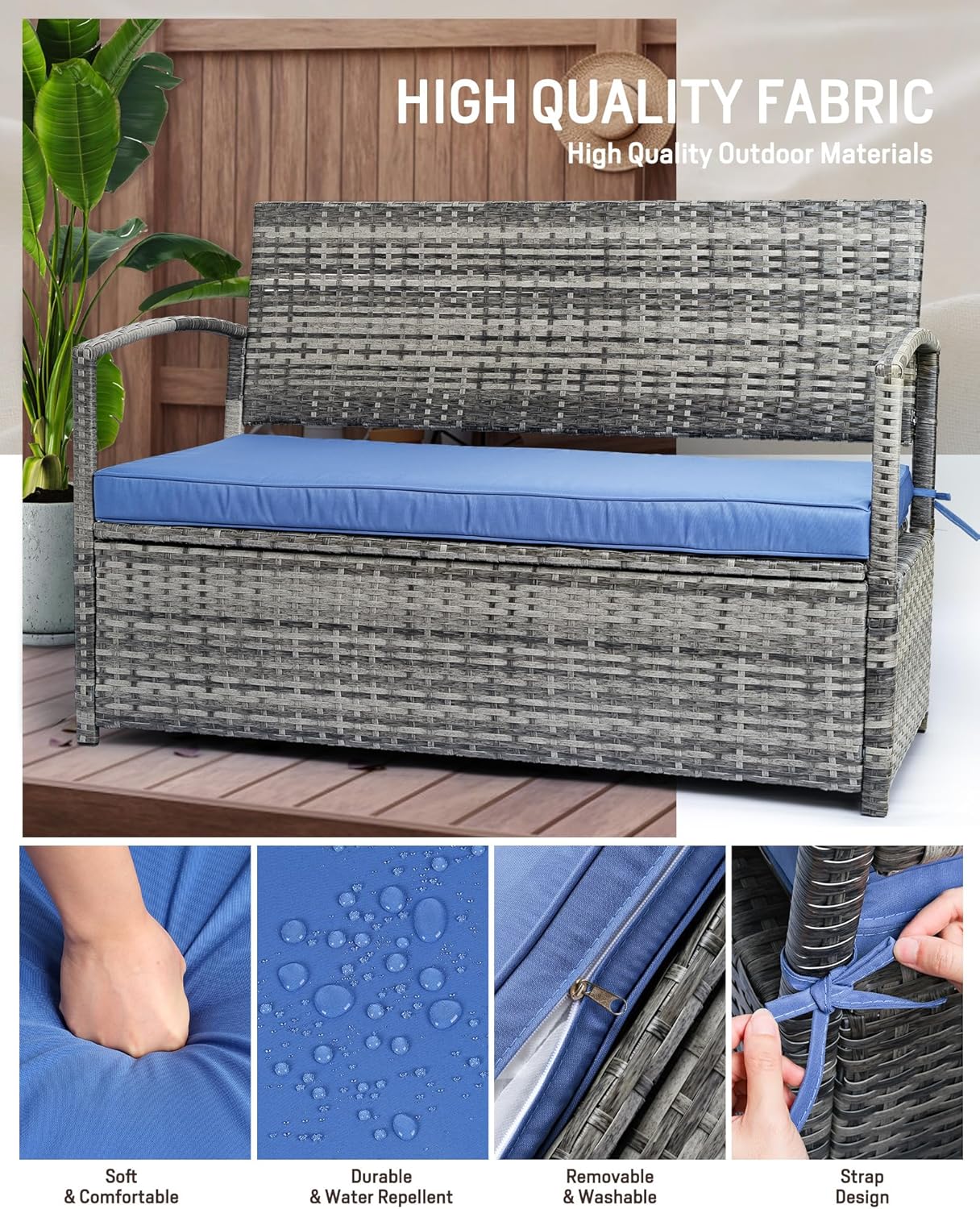 60 Gallon Outdoor Storage Bench- All Weather PE Rattan Deck Box- Deck Box w/Thick Seat Cushion- Patio Sofa Storage Bench with Cushion for Porch, Yard, Lawn, Garden (Grey),700 lbs