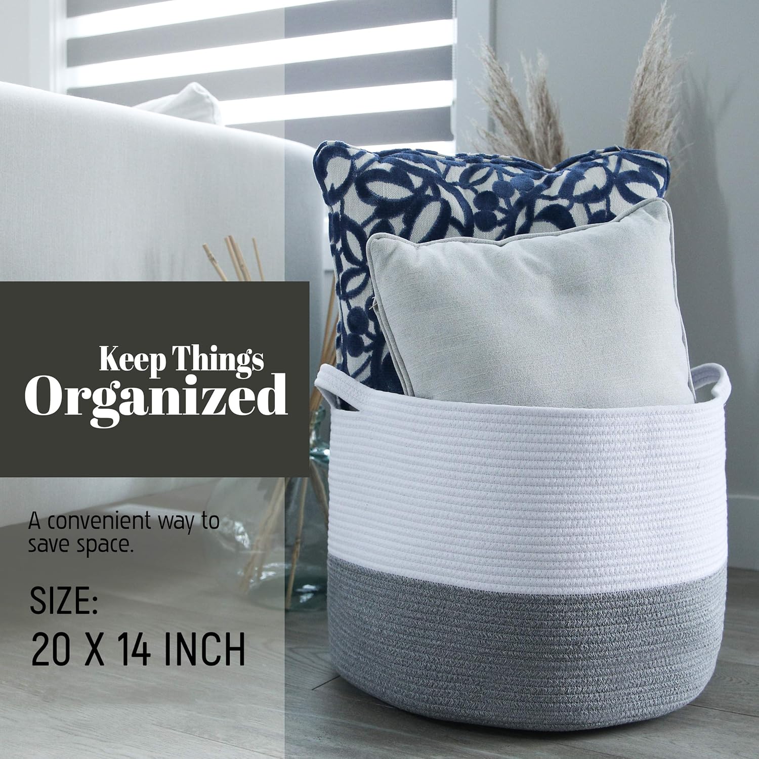 Promora Cotton Rope Storage Basket, Organizing Woven Storage Basket with Handles, Blanket Basket Living Room, Decorative Basket, Woven Baskets for Storage (White & Grey, XX-Large)