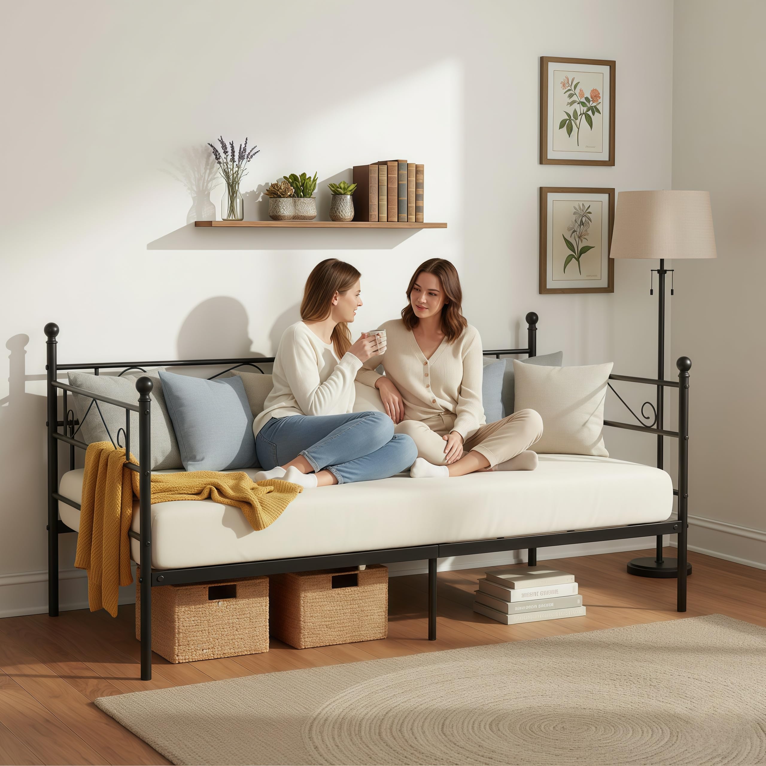 Divano Letto 90x190cm, Struttura Letto Singola in Metallo, Spazio per Riporre gli Oggetti Sotto Il Letto, Letto Singolo, Adatto Per Soggiorno, Camera da Letto o Balcone, Nero