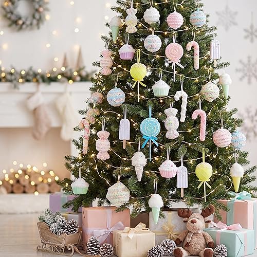Juego de 34 adornos de Navidad de Candy Land en colores pastel, decoraciones colgantes para árbol de Navidad, adornos pastel grandes para árbol de