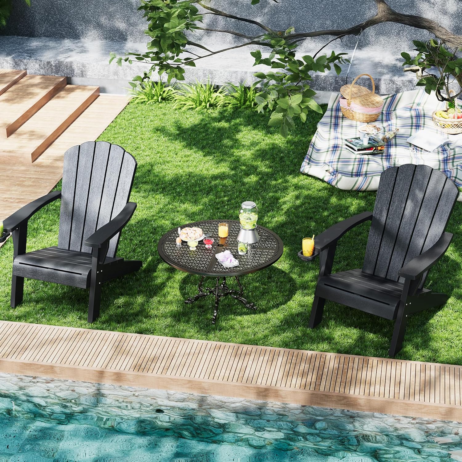Adirondack Chairs Set of 2, Black All-Weather HDPE Outdoor Chairs with Cup Holders, Patio Adirondack Chair for Porch, Deck, Lawn, Garden