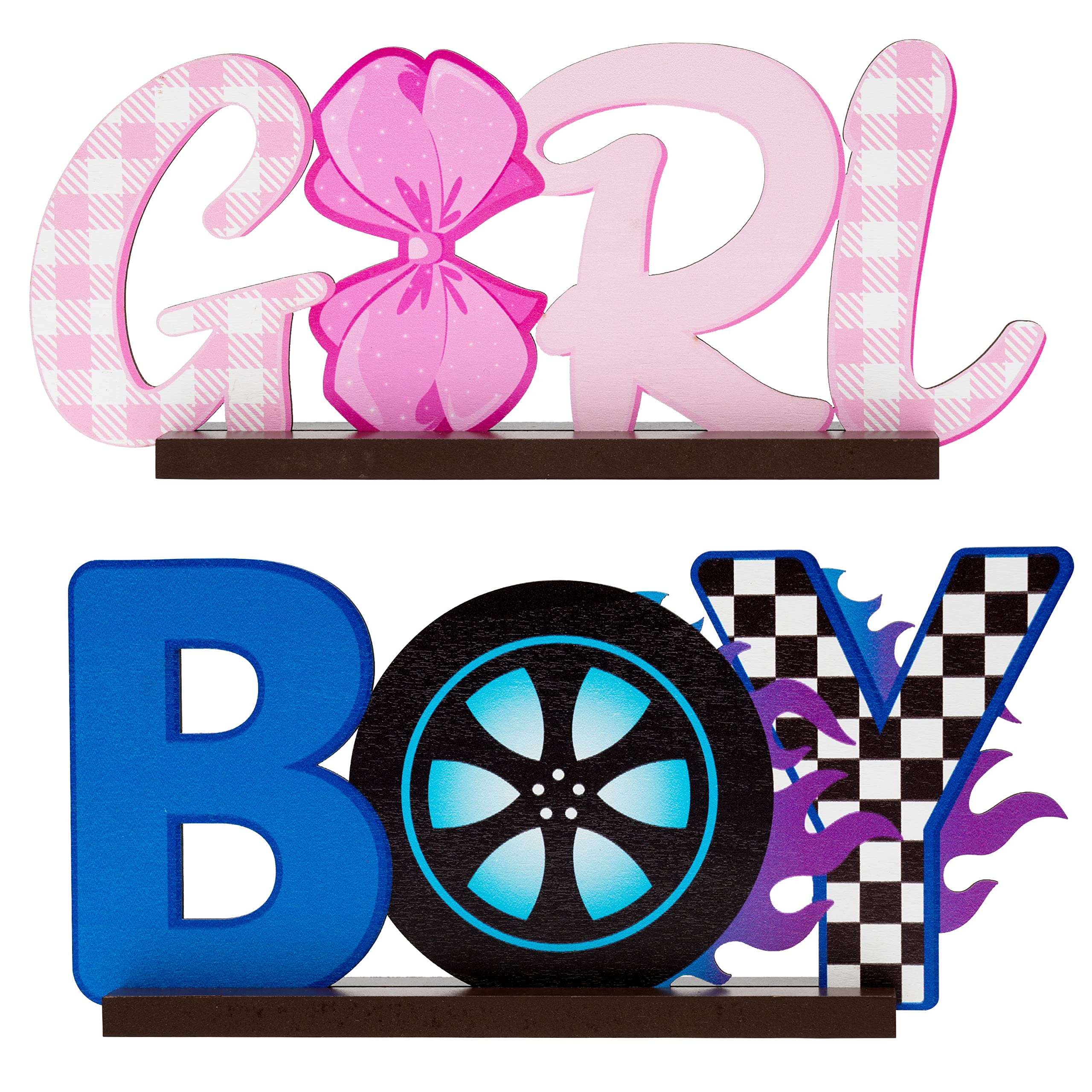 G1ngtar 2Pcs Burnouts or Bow Gender Reveal Wooden Table Centerpieces Boy or Girl Letter Signs Blue Car Wheel Pink Polka Dots Bow Tie Party Decorations