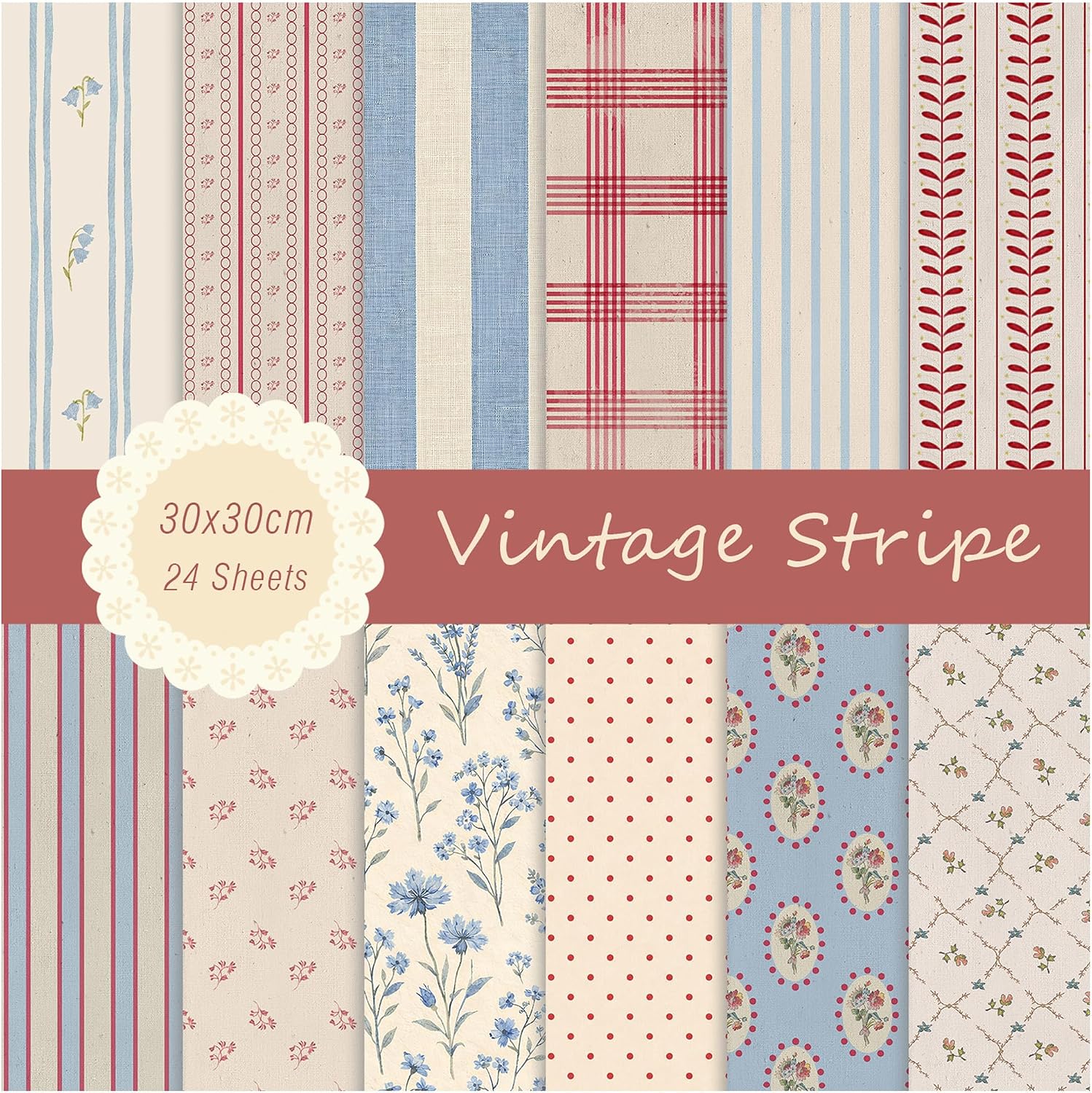 24 Sheets Vintage Stripe Scrapbook Paper, 11.8 x 11.8 Inch