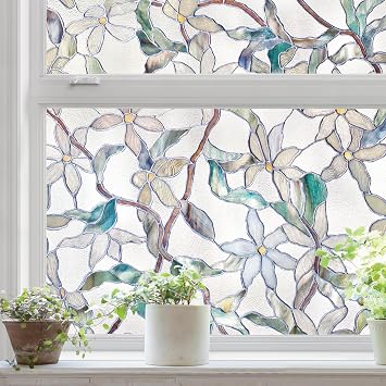 Artscape Jasmine 61 x 91 cm Window Film   Provides Privacy, Non-Adhesive, Colorful Stained Glass Pattern, UV Protection, Easy to Apply and Removable