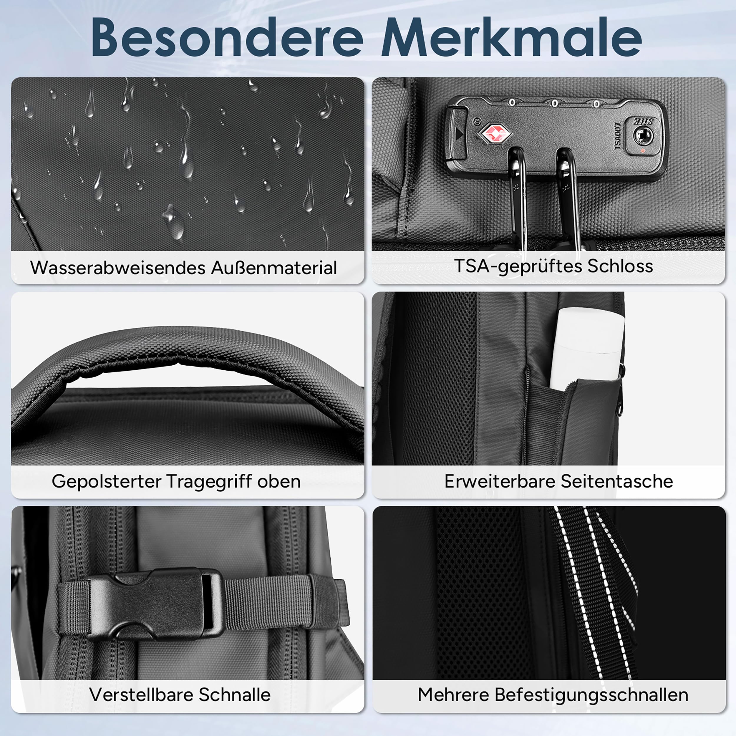 travel inspira Reiserucksack Handgepäck Flugzeug Vakuum Rucksack mit Pumpe | Erweiterbar von 45L auf 65L mit 17.3" Laptopfach TSA-Schloss 50% Platzsparend Vakuumbeutel Abnehmbar LED-Licht und SOS-Signal