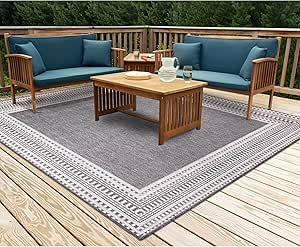 Liora Manne Malibu Indoor/Outdoor Power Loomed Synthetic Blend Low Profile Area Rug - Traditional Border Casual Colorful (Etched Border Charcoal) (7'10" Square)