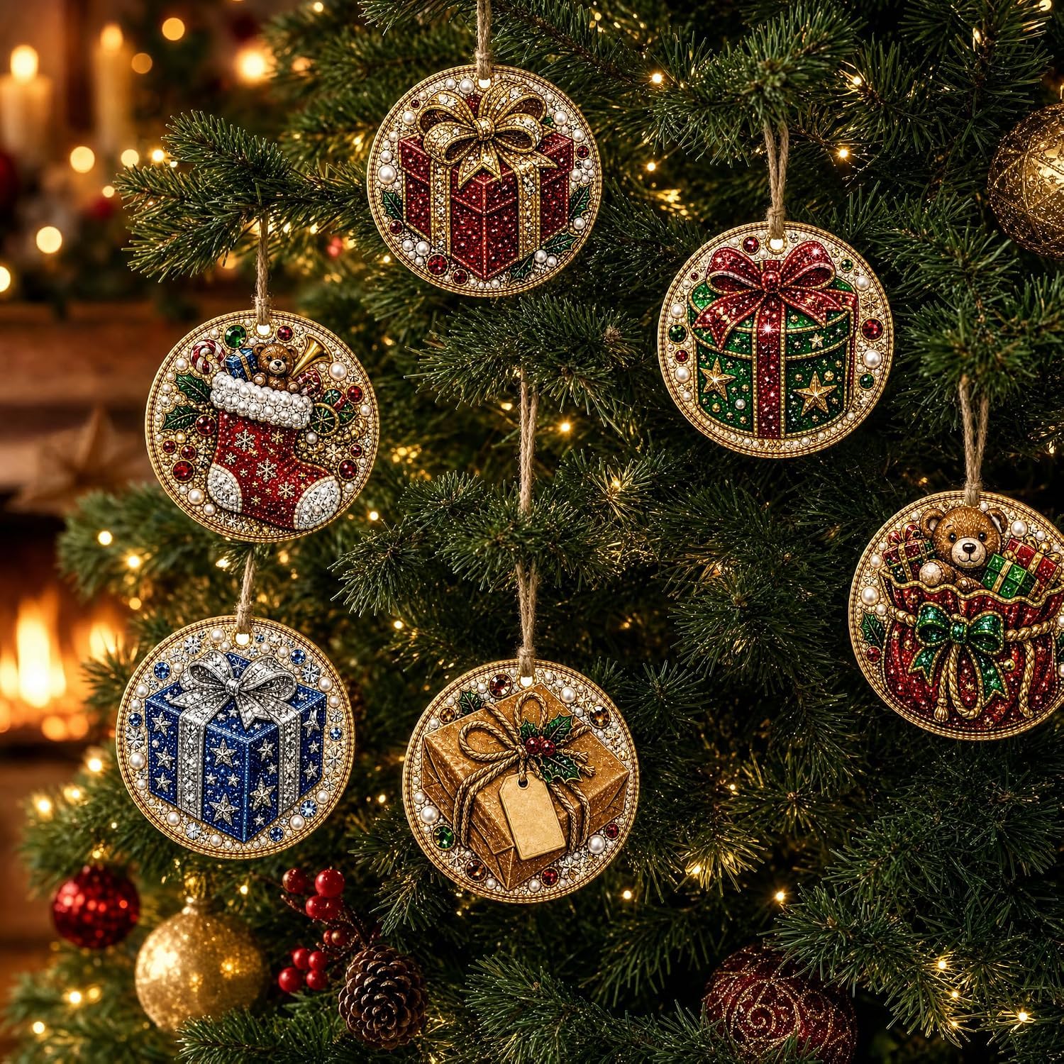 BibHoly 6PCS Christmas Wooden Ornaments DIY Pearl Diamond Painting Kit (#S)