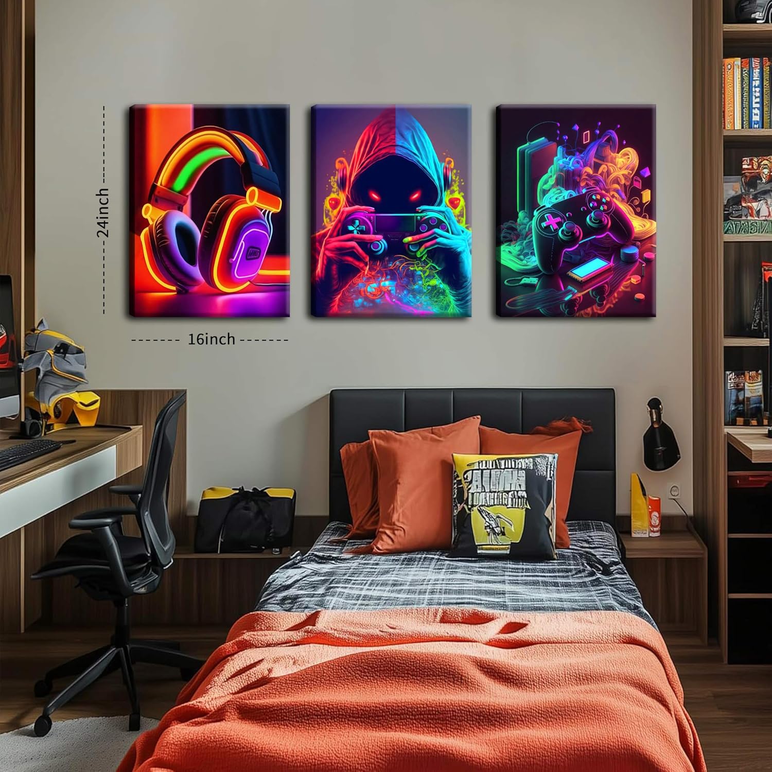 Eysintum 3pcs Framed Game Room Wall Art Gaming Decor Set Colorful Gaming Posters with Headset Controller and Gamer Character for Bedroom Playroom or Teen Boys Room 16x24in