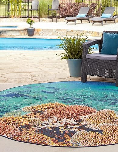 Miniatura 2 de Unique Loom Outdoor Coastal Collection - Alfombra Ariel (7 pies 10 pulgadas, redonda, multicolor y marfil)