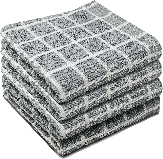 100% Cotton Kitchen Tea Towels Set Grey Jumbo Dish Towels Absorbent & Quick Dry Multipurpose Cleaning Cloths 60x45cm (Grey, 4)