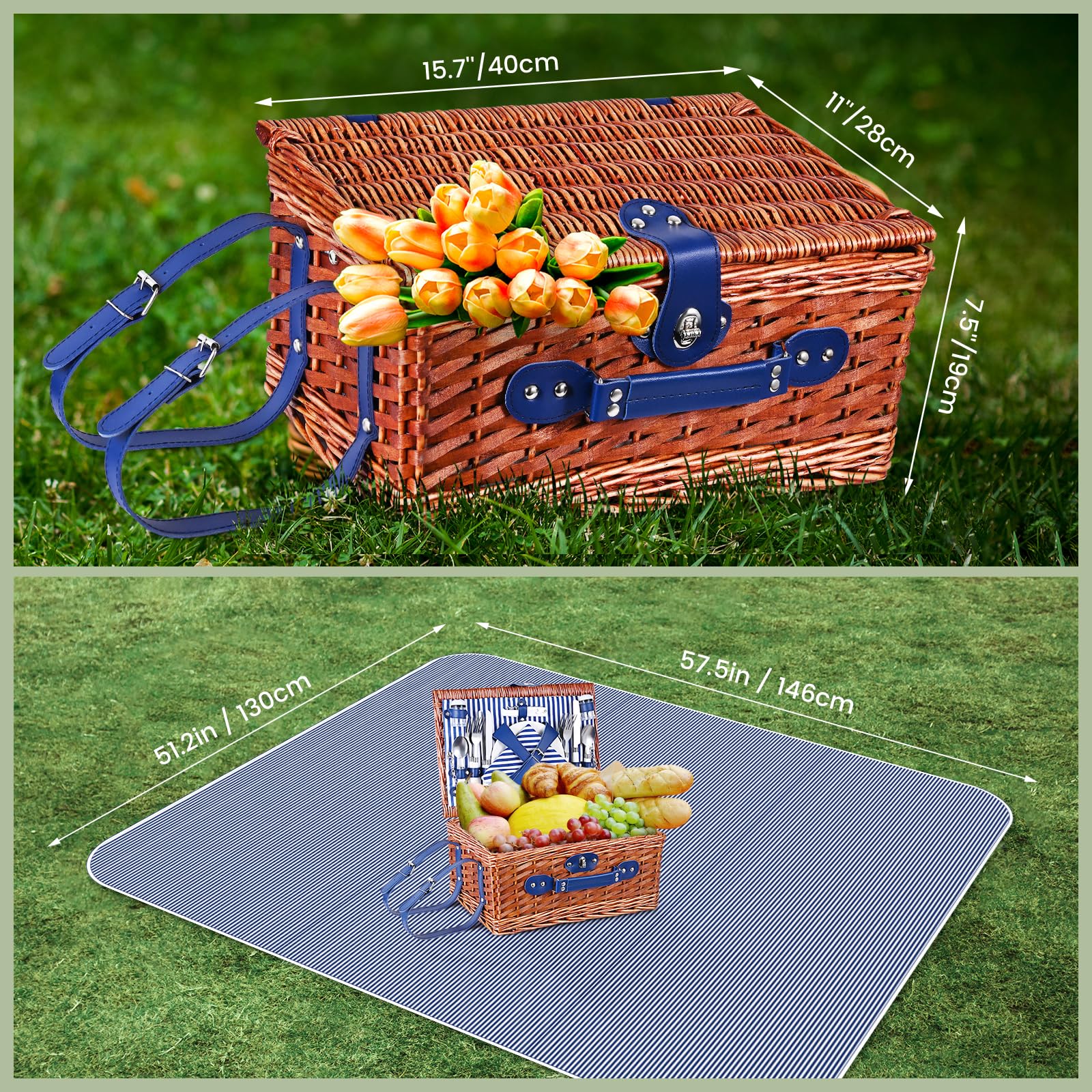Cestino Picnic,Cesto Picnic Vimini Coperta Impermeabile e Set di Posate, Set Pic Nic 4 Persone per Campeggio, Cestino Pic Nic Vimini Blu perCampeggio, Attività all'aperto, Feste, Spiaggia(blu)