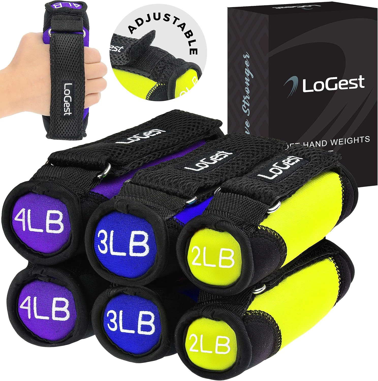 Logest Soft Hand Weights – Adjustable Neoprene Dumbbells (1LB, 2LB, 3LB, 4LB) – Red, Yellow, Blue, Purple – Velcro Straps – Weight Training, Walking, Jogging, Aerobics, Yoga