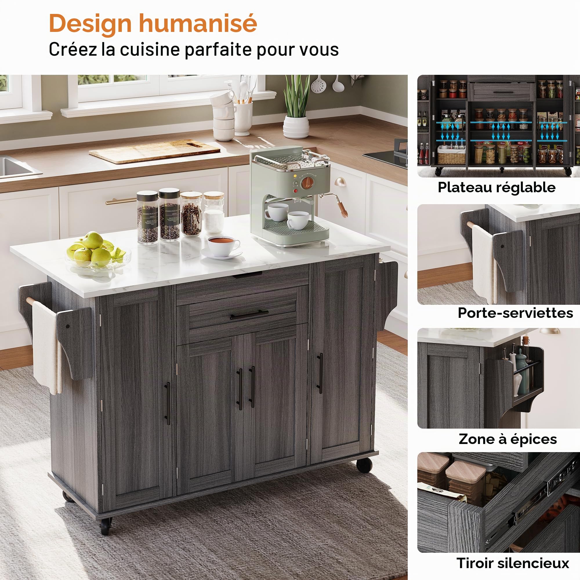 Îlot de cuisine autoportant avec plan de travail pliable, armoire de cuisine sur 5 roulettes, avec étagère et 2 tiroirs, pour cuisine, salle à manger, 136 x 70 x 92 cm (gris)