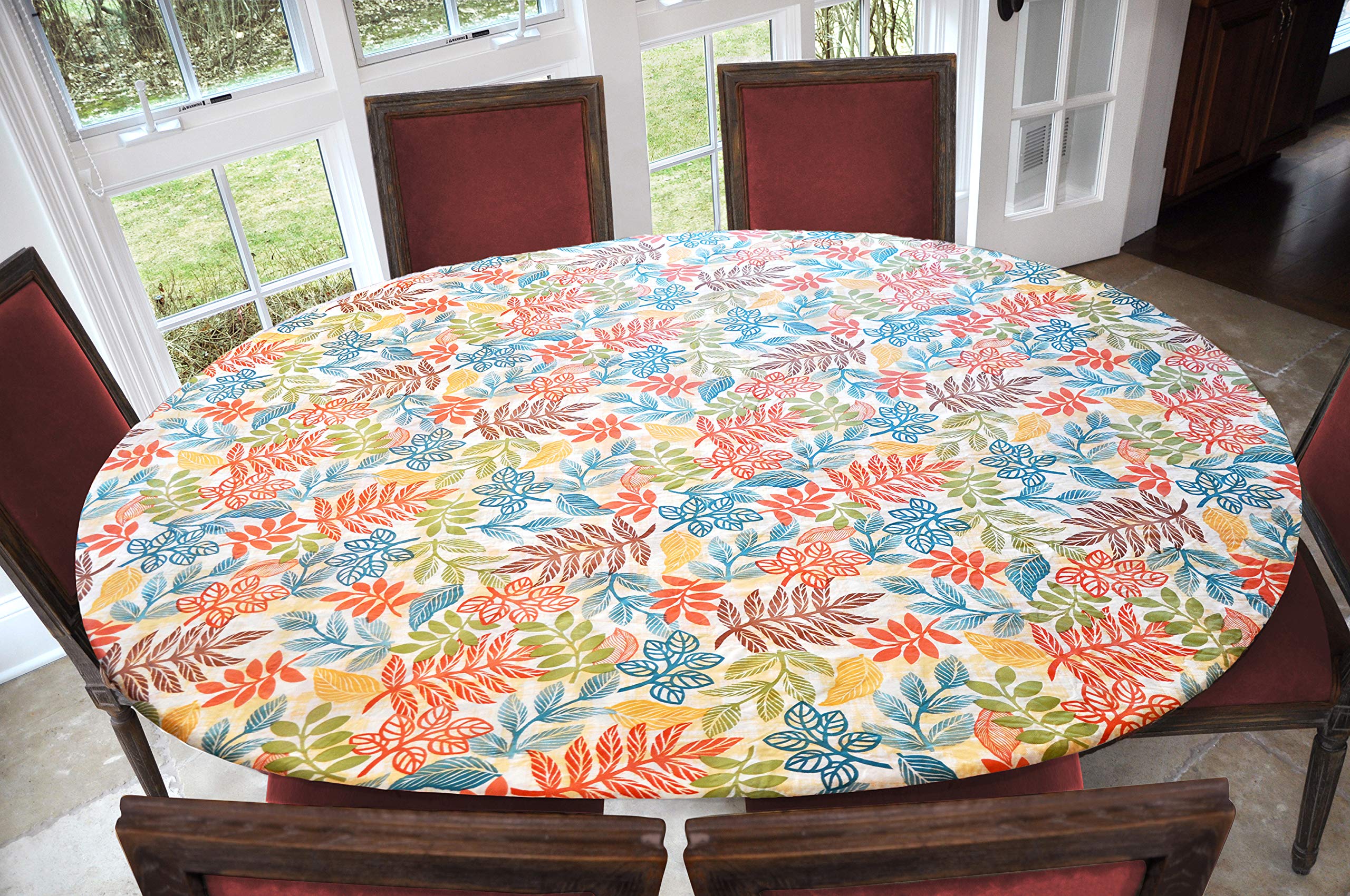 Covers For The Home Deluxe Elastic Edged Flannel Backed Vinyl Fitted Table Cover - Botanical Pattern - Oblong/Oval - Fits Tables up to 48" W x 68" L