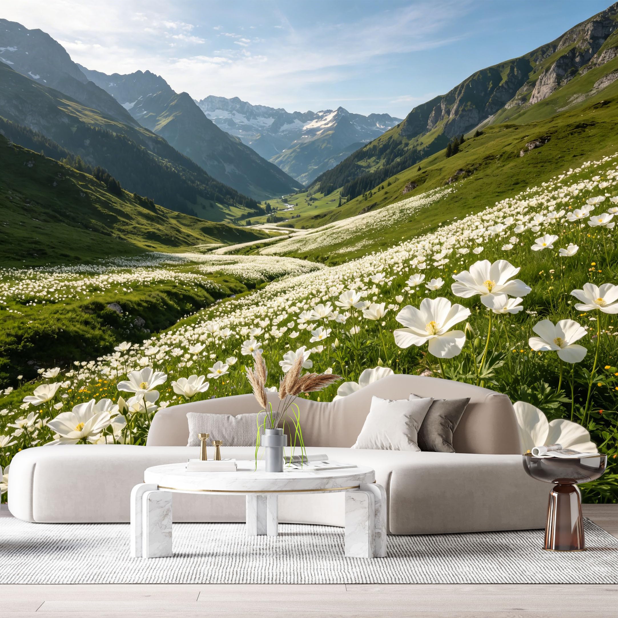 Custom Size Wall Murals Mountain Valley Landscape Botanical White Flowers Meadow SelfAdhesive Wall Fabric Removable Large Wallpaper for Photo Living Room