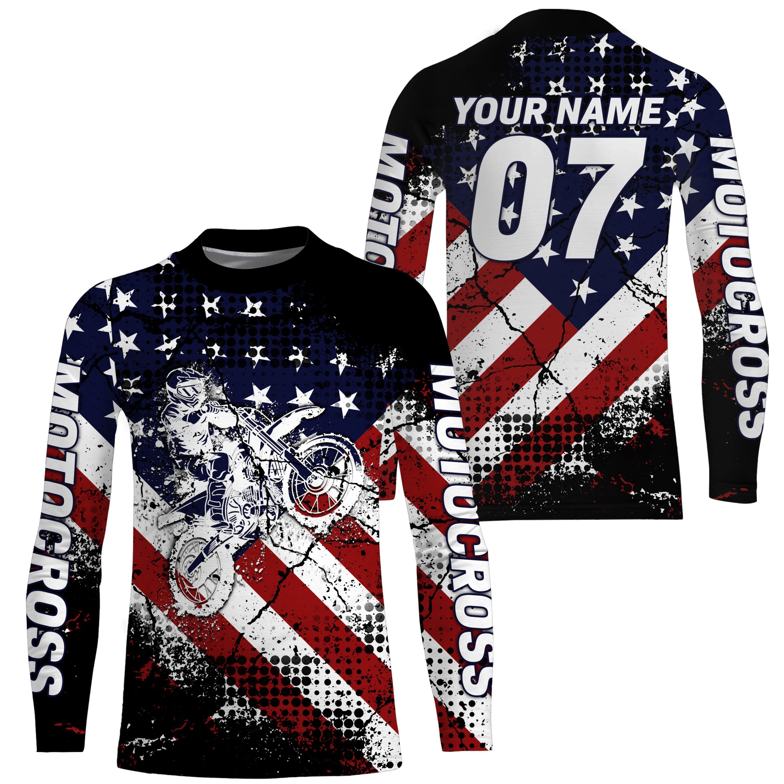 Adult&Kid UPF30+ American Flag Jersey Motocross Customizable Dirt Bike Off-Road Motorcycle Shirt PDT28