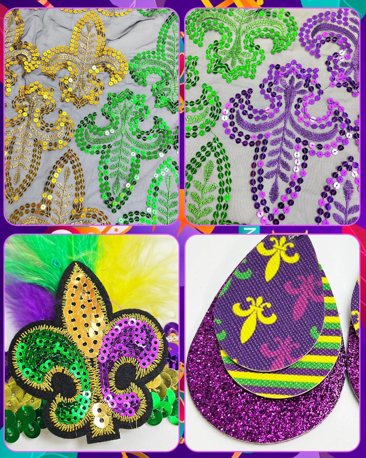 QLINLEAF Mardi Gras Shawl Scarf Costume Accessories Mardi Gras Outfit for Women Sequin Headband Poncho and Earrings Canival Party Favor - Image 4