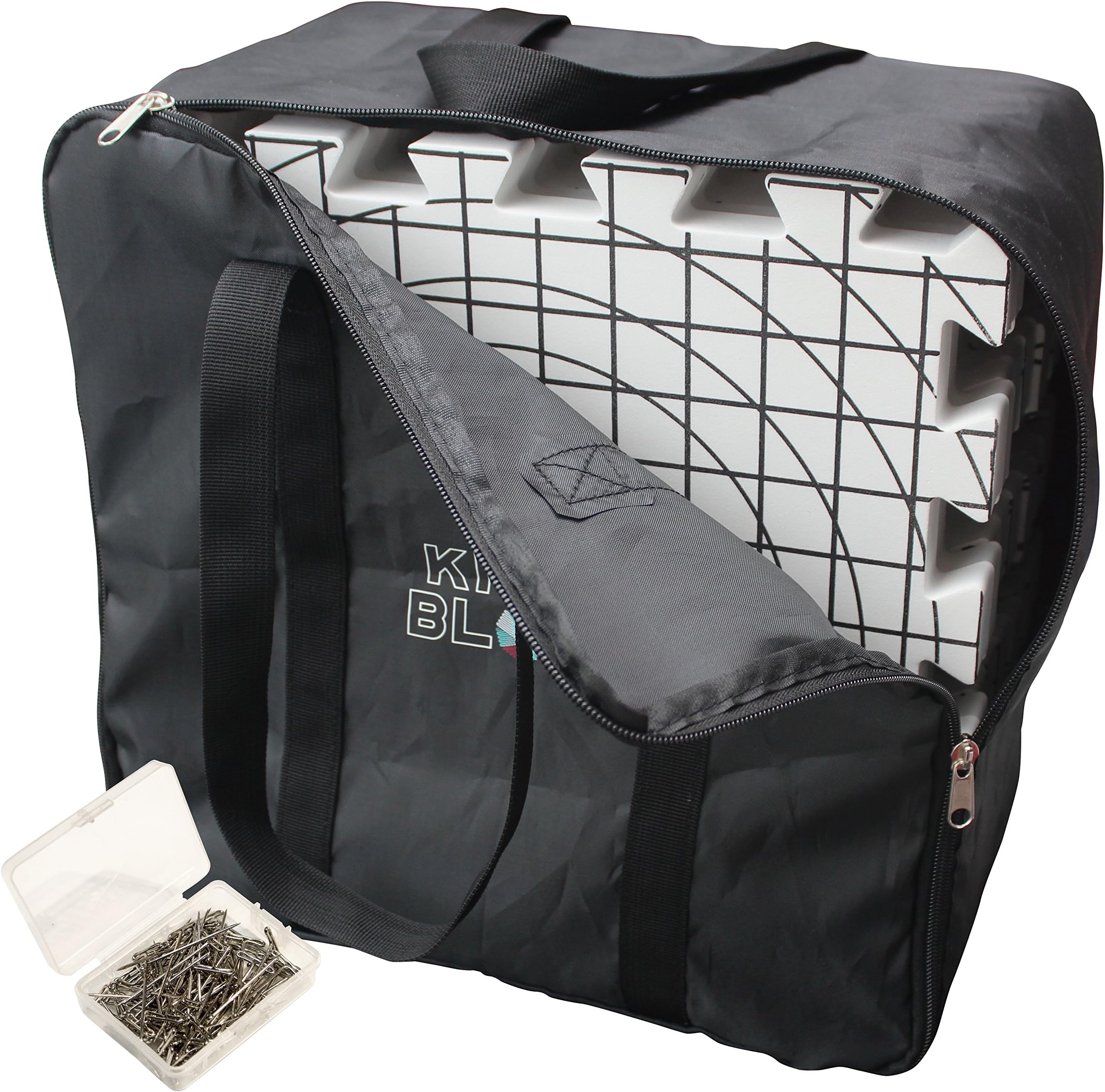 Extra Thick Blocking Mats (Set of 9 Boards) with Grids and Radial Circles, 100 Rust-proof Stainless Steel T-Pins in a Custom Storage Bag for Knitting, Crochet and Needlepoint