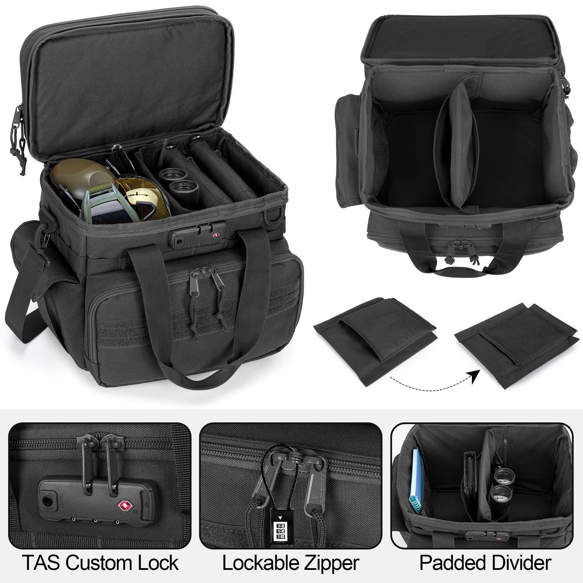 GOBUROS Borsa tattica per tiro con 2 custodie piccole per pistola, borsone per pistola con lucchetto TSA e 12 scomparti per caricatori, multitasche