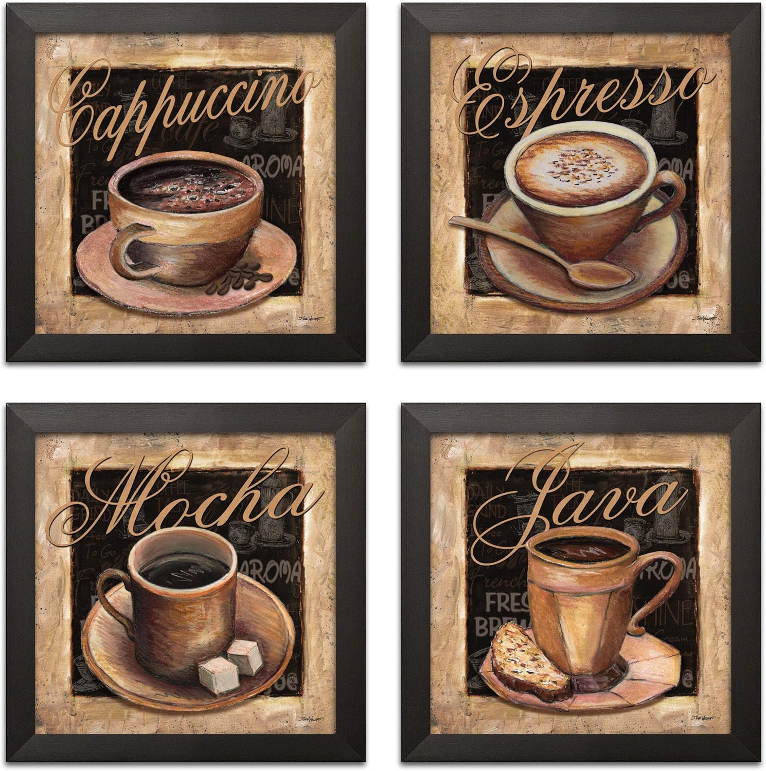 Encantadores carteles de café expreso, café con leche, café moca, café capuchino, decoración de cocina cuatro impresiones enmarcadas negras de 12 x