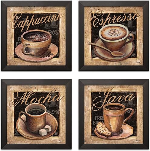 Encantadores carteles de café expreso, café con leche, café moca, café capuchino, decoración de cocina cuatro impresiones enmarcadas negras de 12 x