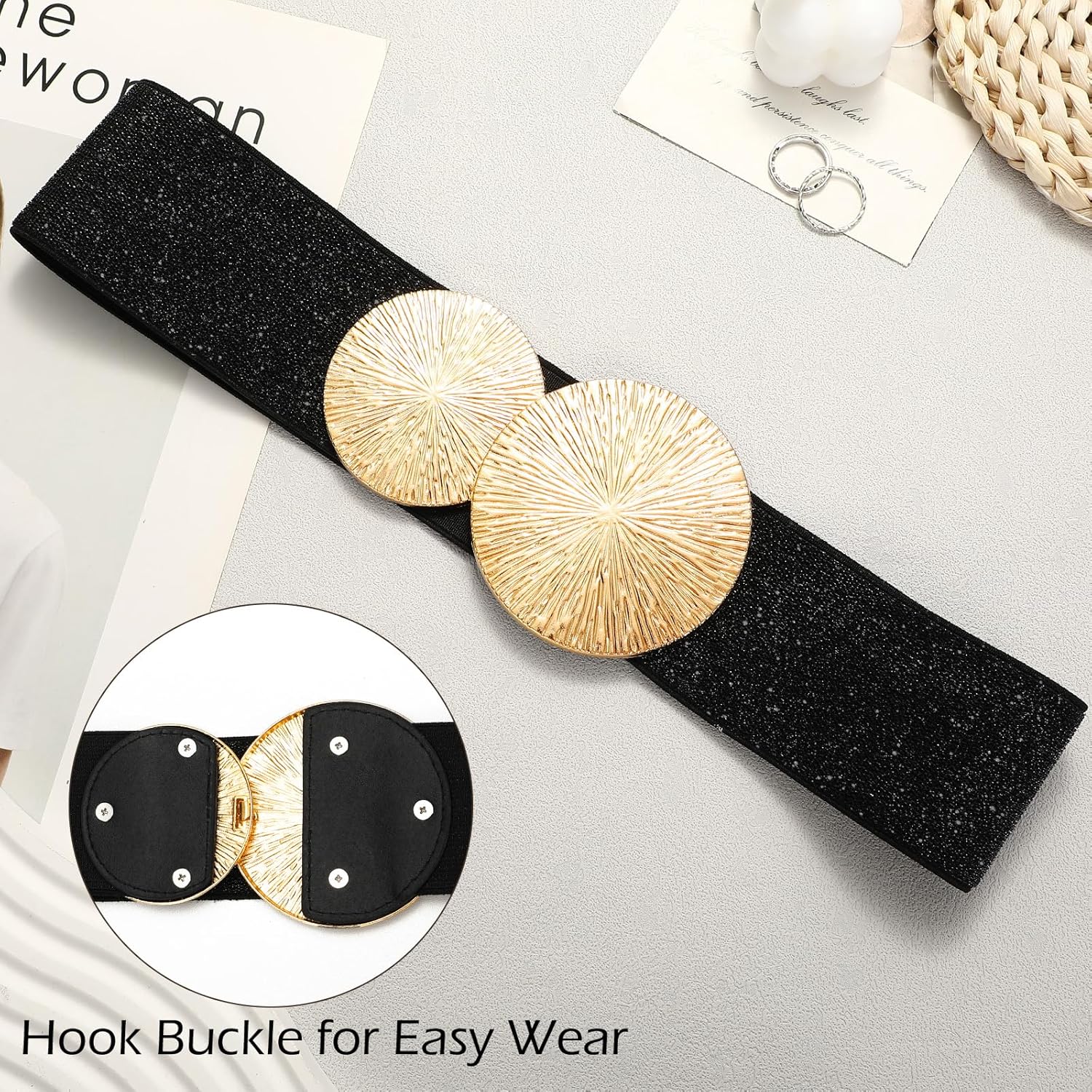 VONMELLI Wide Stretchy Belts for Women Dresses Elastic Waist Cinch Womens Belt with Gold Buckle - Image 2