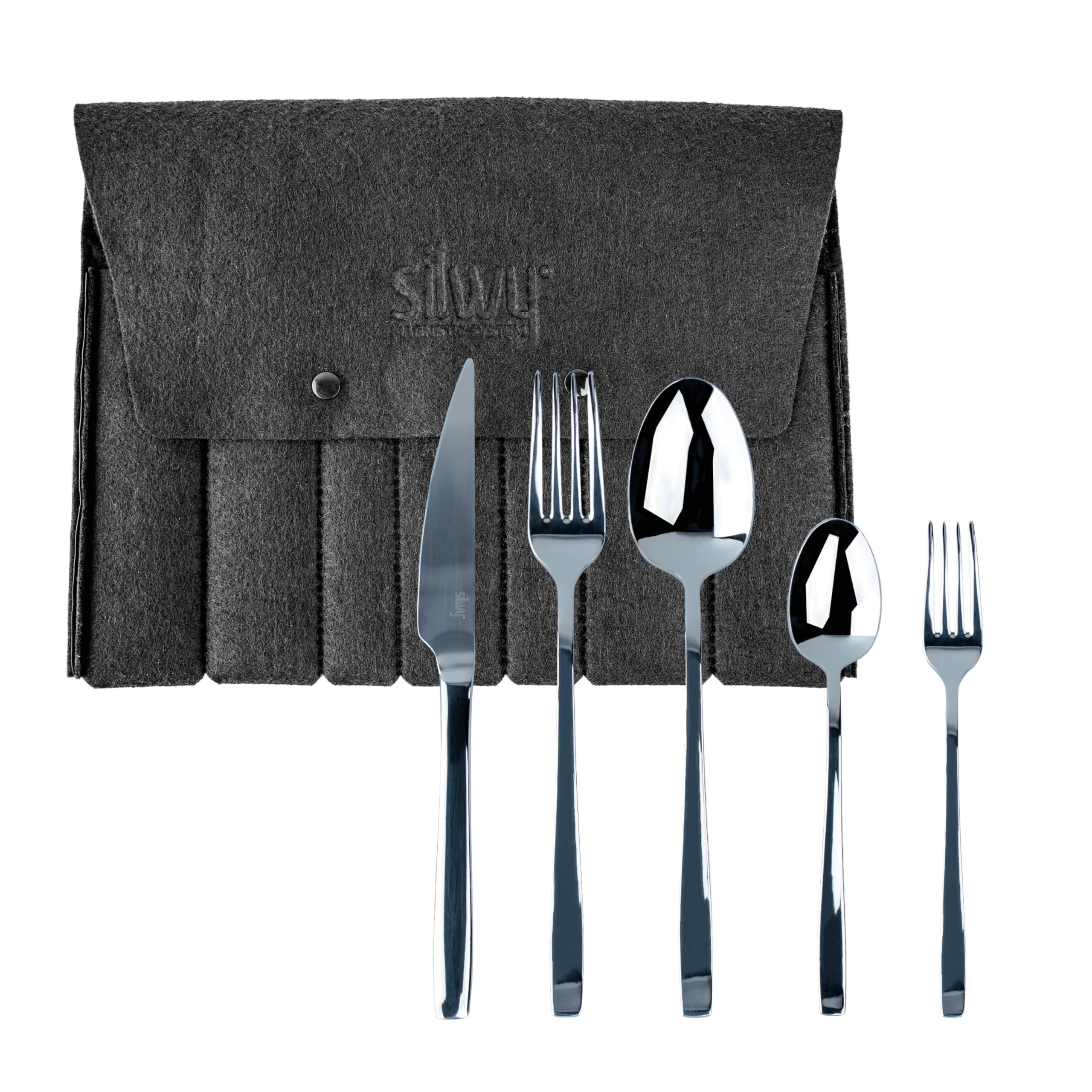 silwy® Reisebesteck-Set aus Edelstahl (6-teilig bestehend aus Messer, Gabel, Löffel, Teelöffel, Kuchengabel, Etui) - kompaktes System - perfekt für Camping, Caravaning und Boating. Für eine Person.