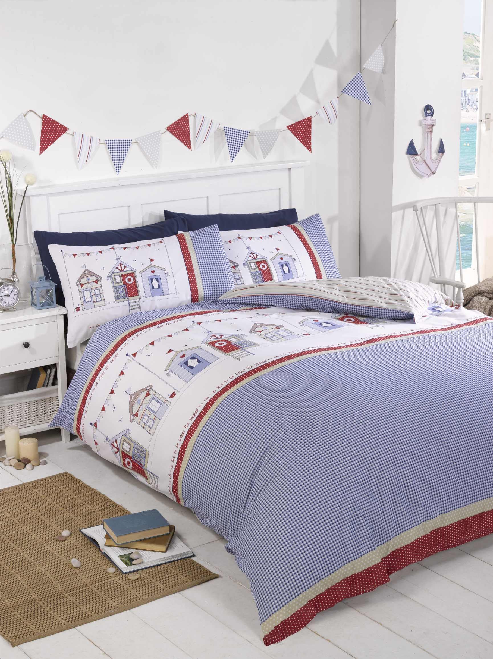elinens Beach Huts Duvet Cover Set, Blue Red White (Double 200cm x 200cm)