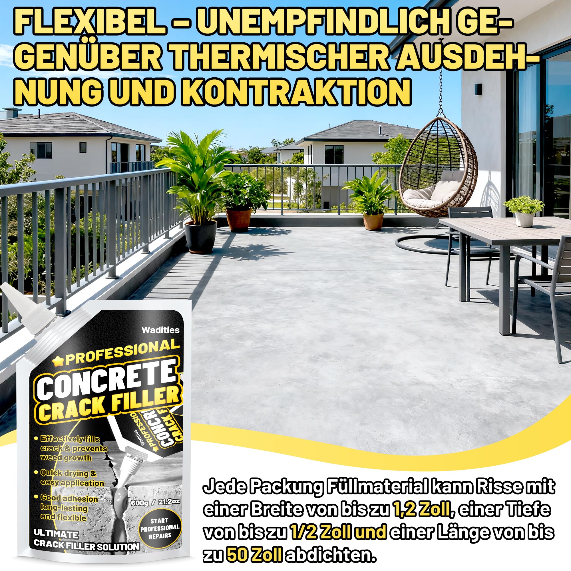 Betonrissfüller, 2.4kg Hochelastisches Selbstnivellierendes Wasserfestes Reparaturdichtungsmittel für Einfahrten, Gehwegfugen, Schnell trocknende Versiegelung für den Außenbereich – Grau